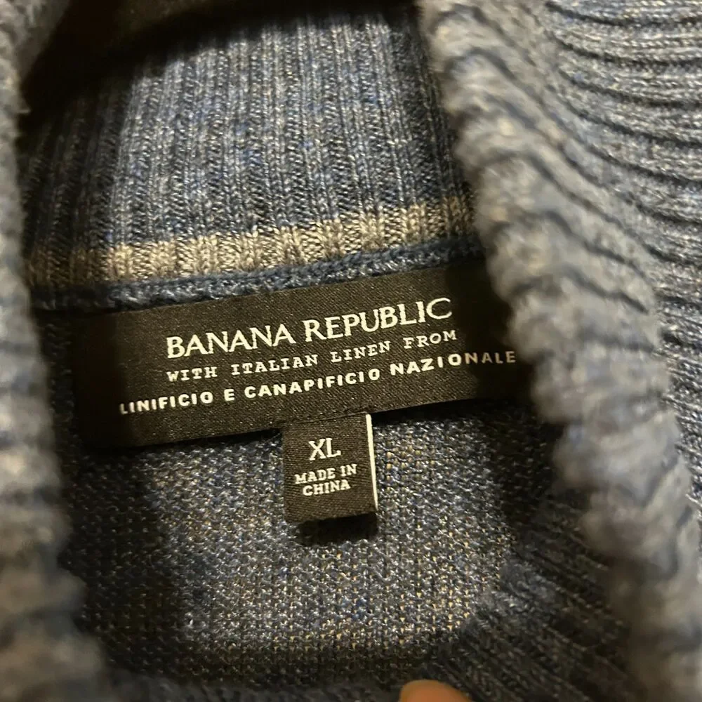 Banana Republic 100% Italian Linen Mock Neck Henley Sweater Mens XL Blue